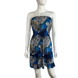 Basix Strapless Blue Paisley Design Ruffle Edge Mini Dress